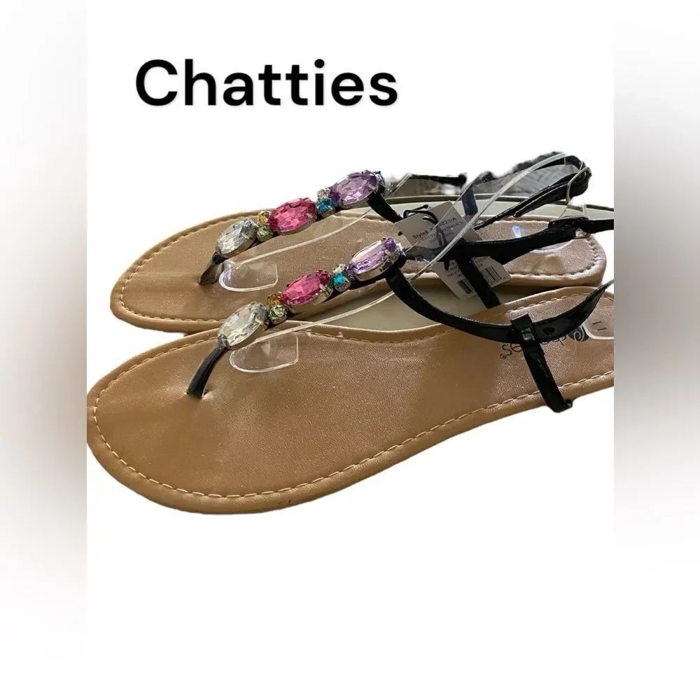 NEW Chatties Bejeweled Jeweled Women's Black Thong Sandals 11